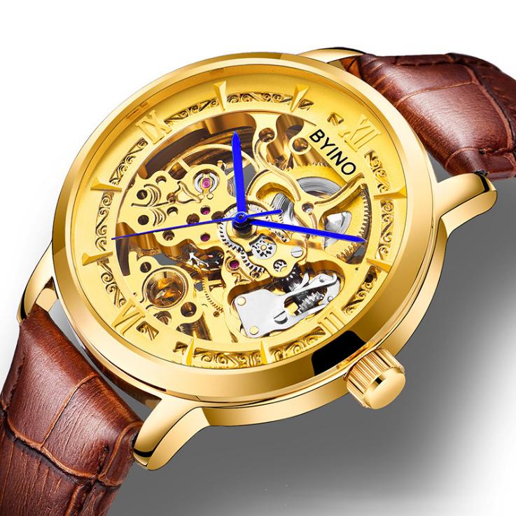 Đồng hồ nam Byino 8222 cơ tự động lộ máy dây da thời trang (Mặt vàng dây nâu)
