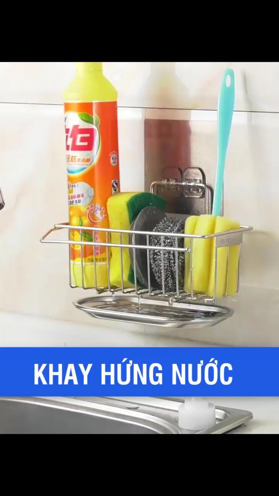 Giá inox đựng dụng cụ rửa bát dán tường, giỏ để rẻ rửa bát, giỏ đựng rẻ rửa bát, giỏ đựng đồ rửa bát có khay hứng nước