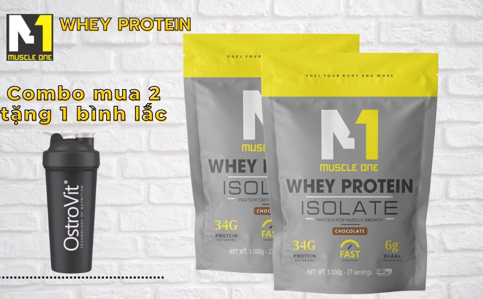 (combo 2 túi tặng bình) whey protein isolate MUSCLE ONE 2kg, sữa tăng cơ giảm mỡ