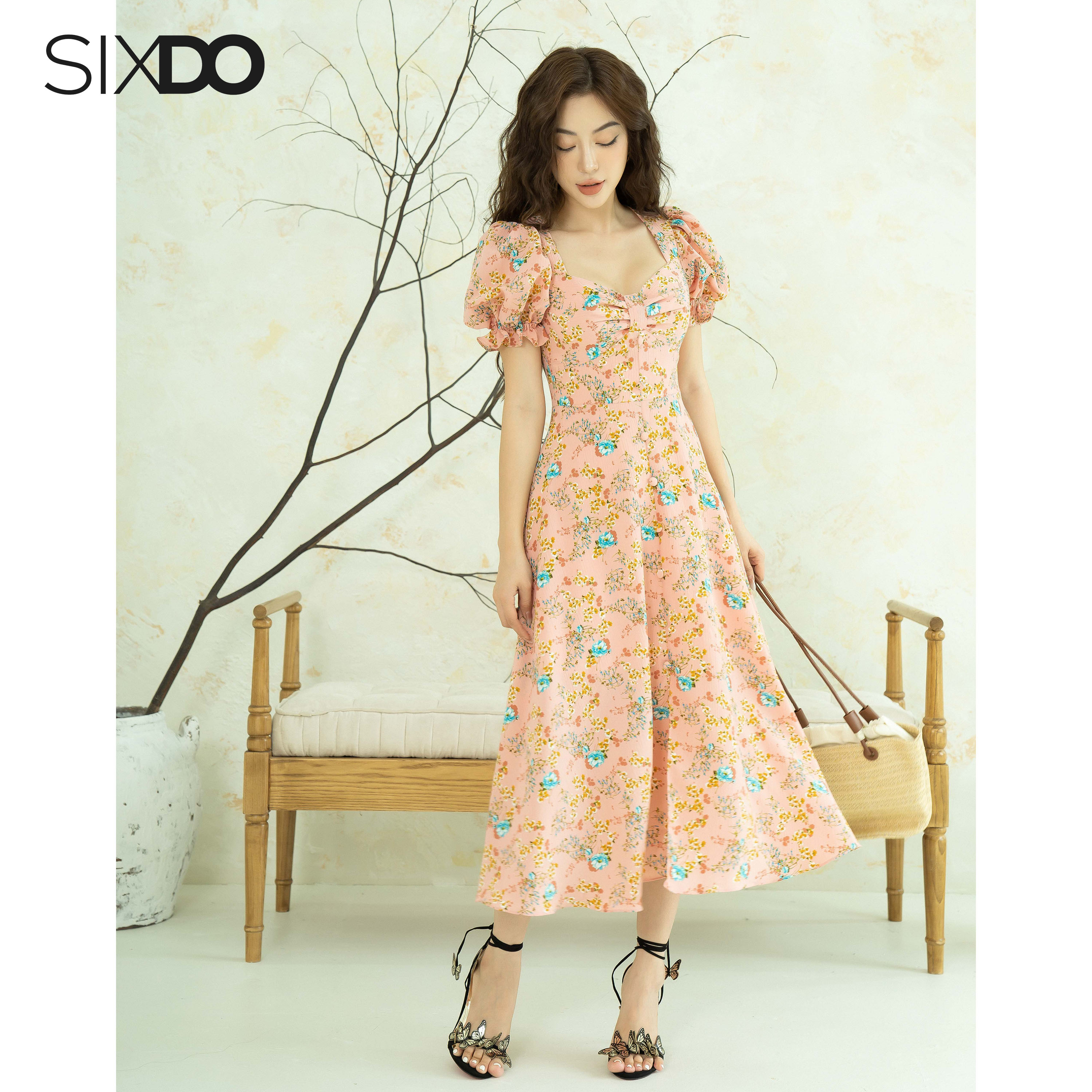 Đầm lụa hoa SIXDO (Floral Midi Silk Dress)