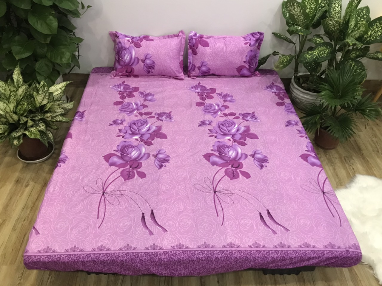 Set ga gối 3 món Mẫu Hoa Dây Tím (gồm 1 vỏ ga và 2 vỏ gối nằm)