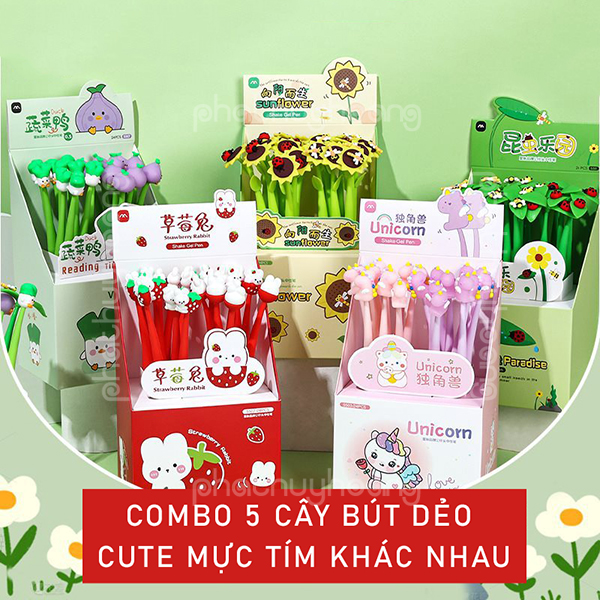 Combo 5 cây bút dẻo cute mực tím , bút dẻo dễ thương giá rẻ mực màu tím , bút cute mực tím , bút dễ thương mực tím , bút mực tím dễ thương có thể uốn cong , bút uốn dẻo dễ thương - Phát Huy Hoàng