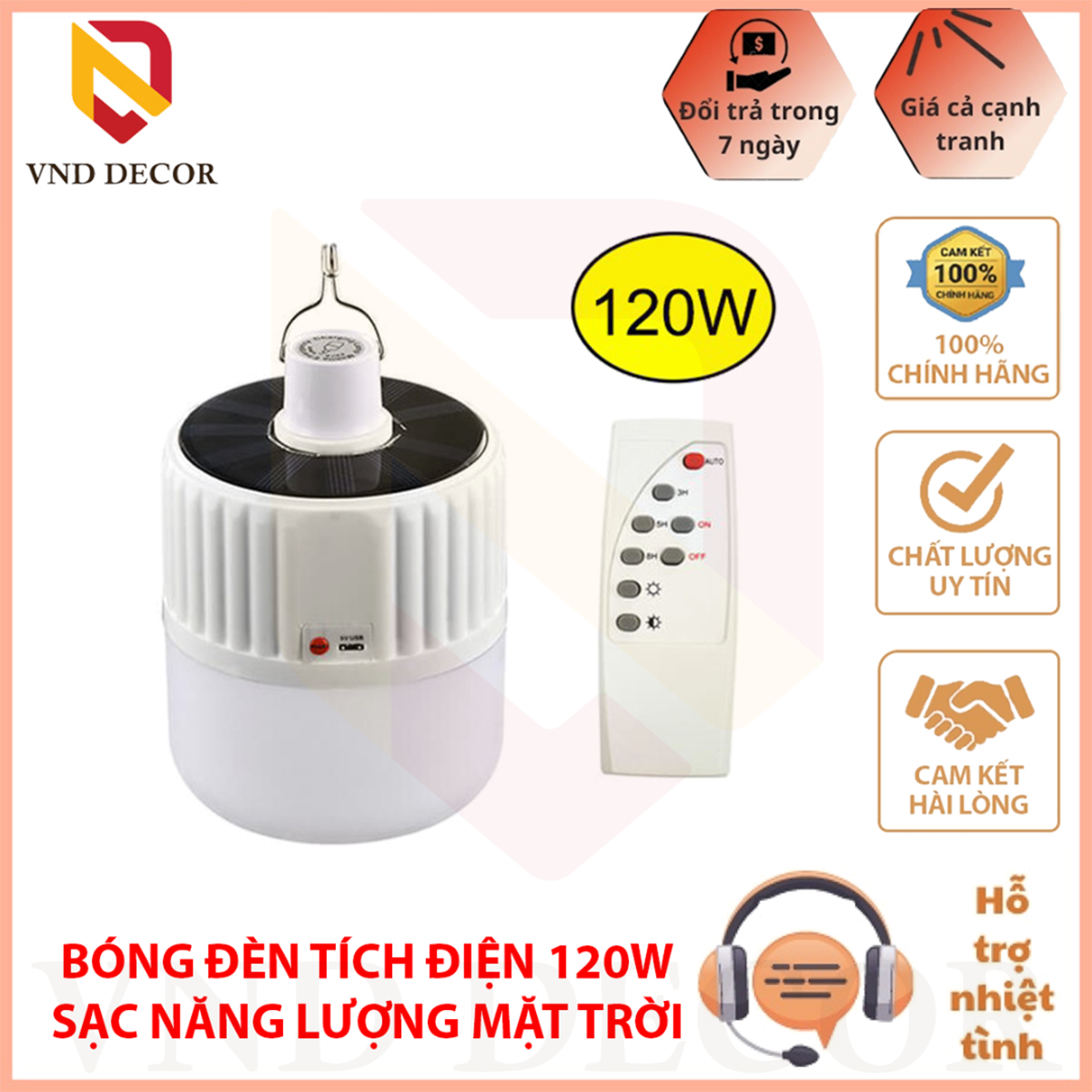 Bóng đèn Led tích điện năng lượng mặt trời 120W có sạc tặng kèm điều khiển từ xa