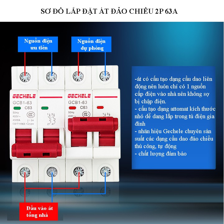 Át đảo chiều 2P 63A Gechele, cầu dao đảo chiều
