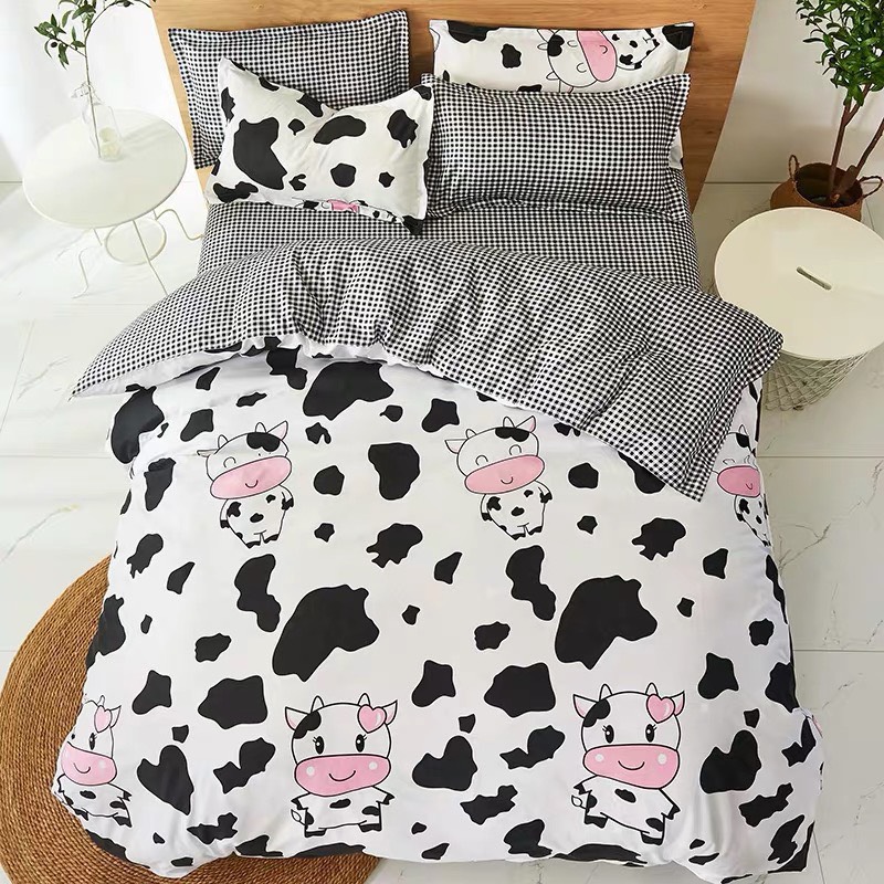 Bộ Chăn Ga Gối Cotton Poly Bò Sữa Trắng Cute