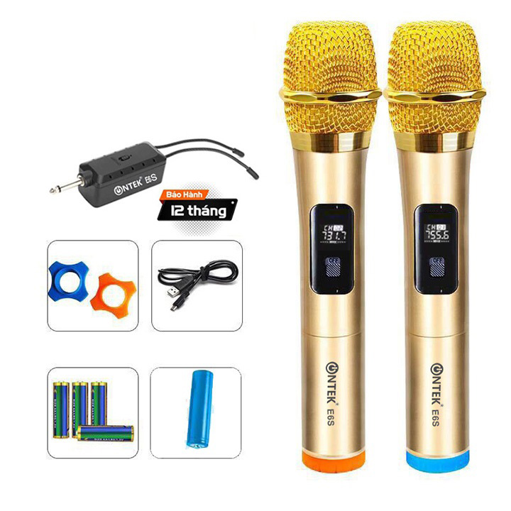 Bộ Micro Không dây karaoke ONTEKCO E6S Màu Gold, Micro Ontekco Chuyên dùng cho mọi loa kéo và amply, Micro hiển thị Màn hình Led - Bảo hành 12 Tháng