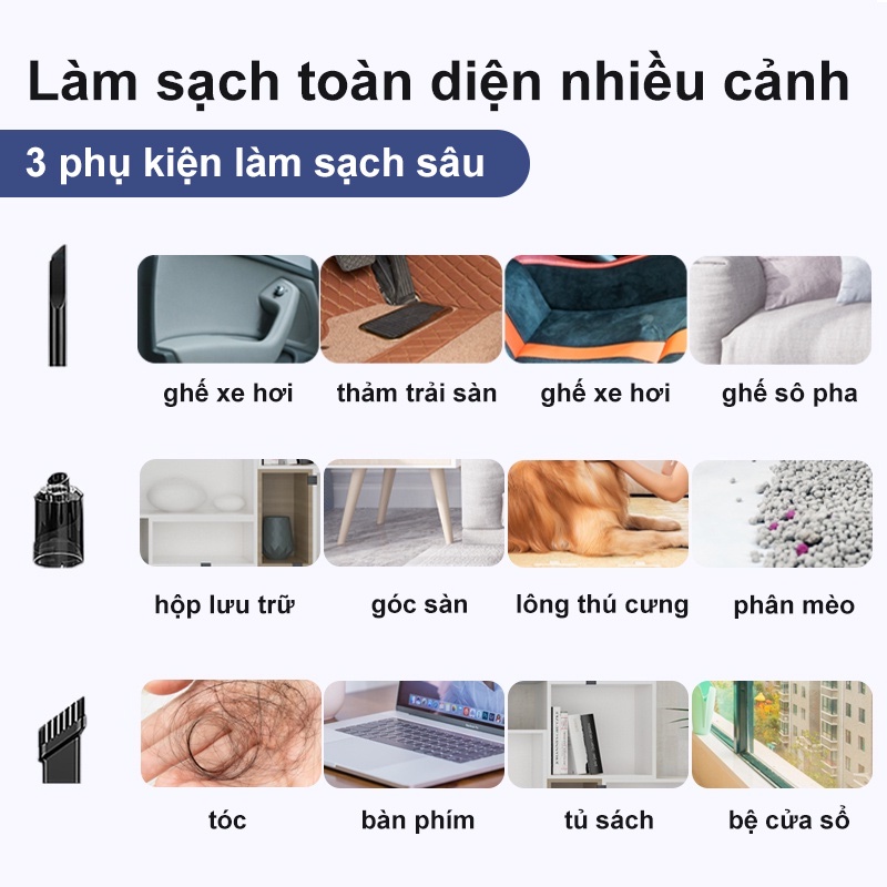 Máy Hút Bụi Mini Không Dây, Máy Hút Bụi Giường Đệm Công Suất Lớn 120W Lực Hút 9000pa, Máy Hút Bụi Ô Tô Hoạt Động Êm Ái, Pin Sạc 2000mAh