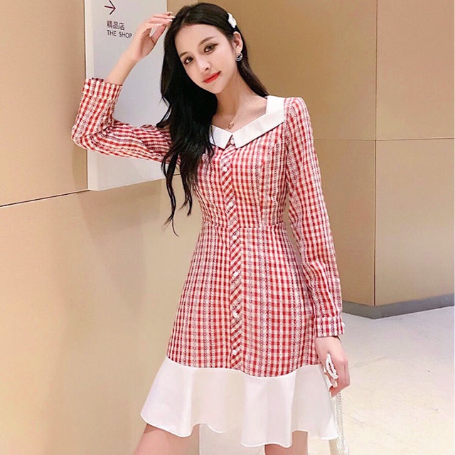 [HCM]Đầm caro đỏ phối trắng