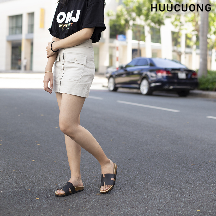Dép unisex chữ H da bò đen đế trấu