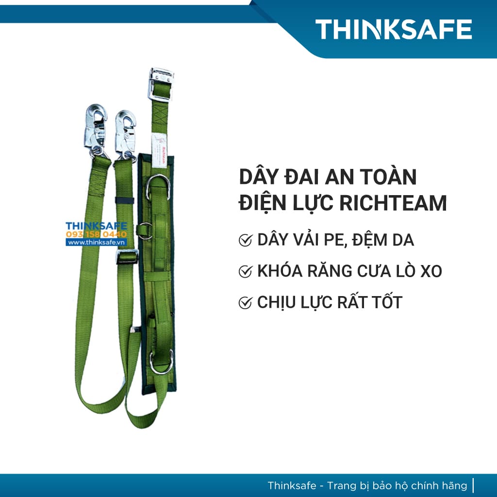 Dây đai an toàn điện lực Richteam, dây bảo vệ leo trụ điện, an toàn trên cao, 2 móc thép chắc chắn - Bảo Hộ Thinksafe