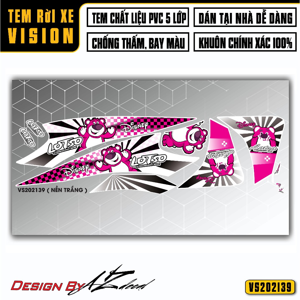 Tem vision gấu dâu lotso | vs39 | tem decal dán xe máy vision đen trắng 2015 2017 2018 2019 2020 2021 2022