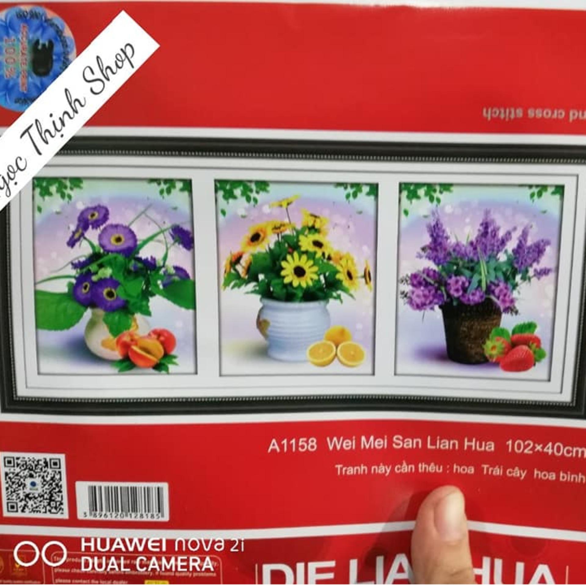 Tranh thêu bình hoa 3 bức 5d-DLH-YA1158 kích thước 102x40cm