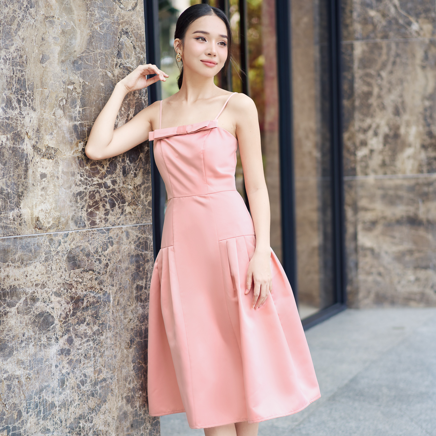 Đầm midi xòe phi tapta phối nơ Maybi