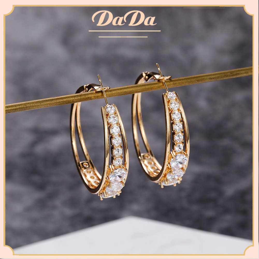 Bông tai vàng thật 18k nữ kim cương nước khảm vòng tròn lớn trang sức nữ sang trọng quà sinh nhật bạn gái