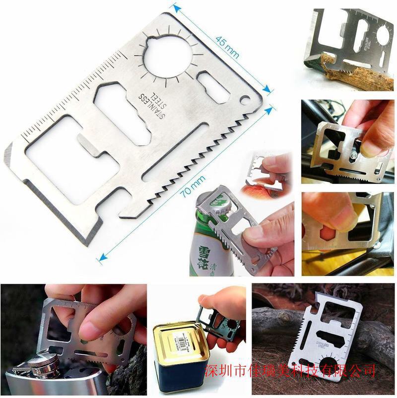 Tấm thép đa năng không gỉ mini 11 công dụng treo móc khóa, dụng cụ sinh tồn dao đi phượt sửa chữa mở vặn ốc vít khui nắp HT981