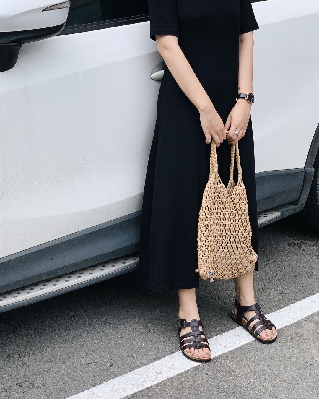 Giày Sandal đế trấu unisex chiến binh da pu đen