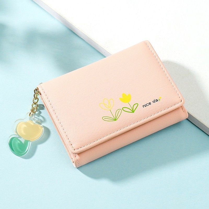 Ví Ngắn Gập Ba Thiết Kế Đơn Giản Họa,Chất liệu da PU có họa tiết hoa tulip, phong cách thời trang tối giản