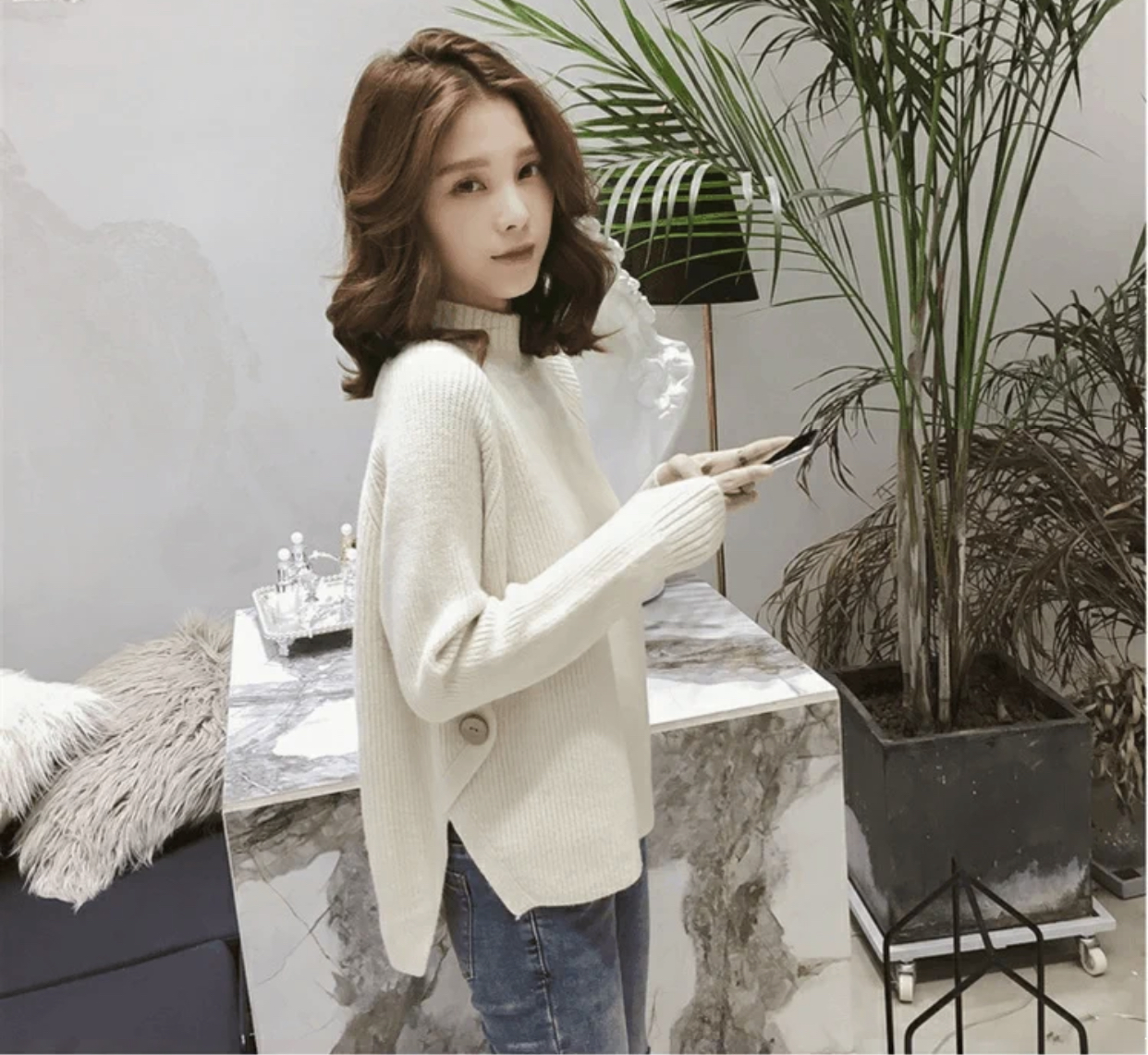 MS332 Áo len cổ 3p xẻ tà đính cúc sườn