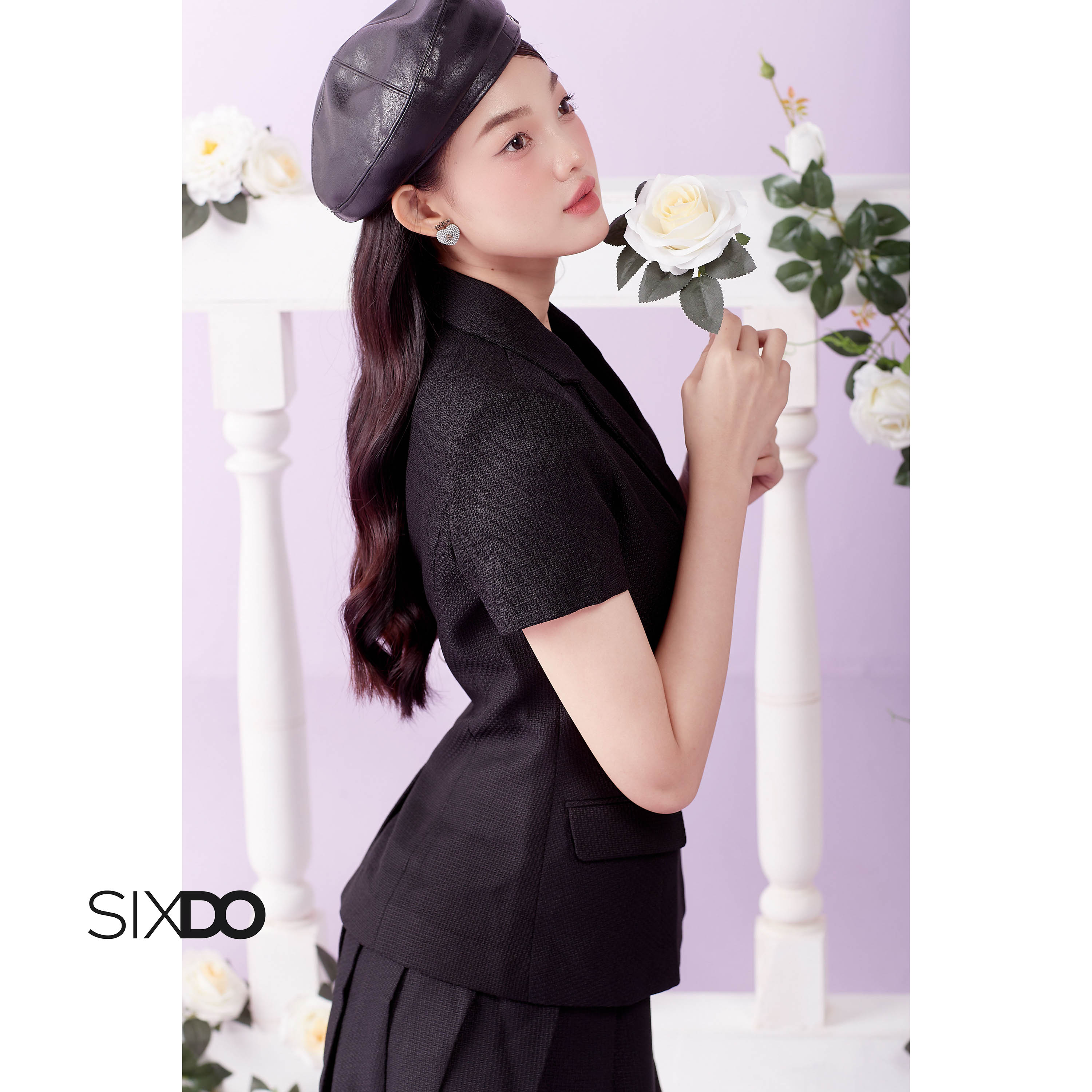 Áo Vest nữ đen ngắn tay SIXDO (Black Peak Lapel Collar Woven Vest)