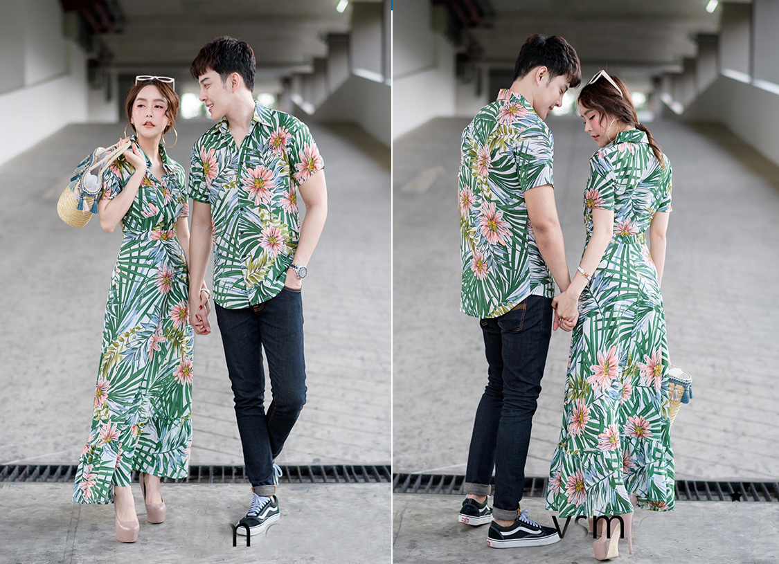Đồ đôi đi biển in hoa lá tươi tắn