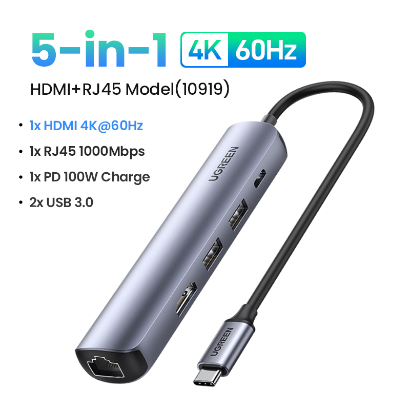 UGREEN Hub USB-C, 9-en-1 40873, 3x USB-A 3.0, 1x USB-C, 1x HDMI, 1x VGA, 1x  RJ45, 0.15 m 