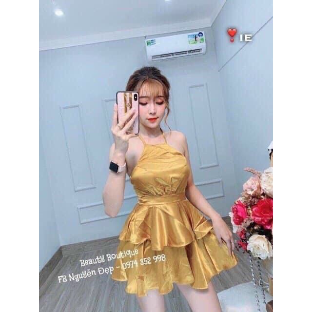 Đầm yếm hai tầng trơn chất phi bóng cực xinh
