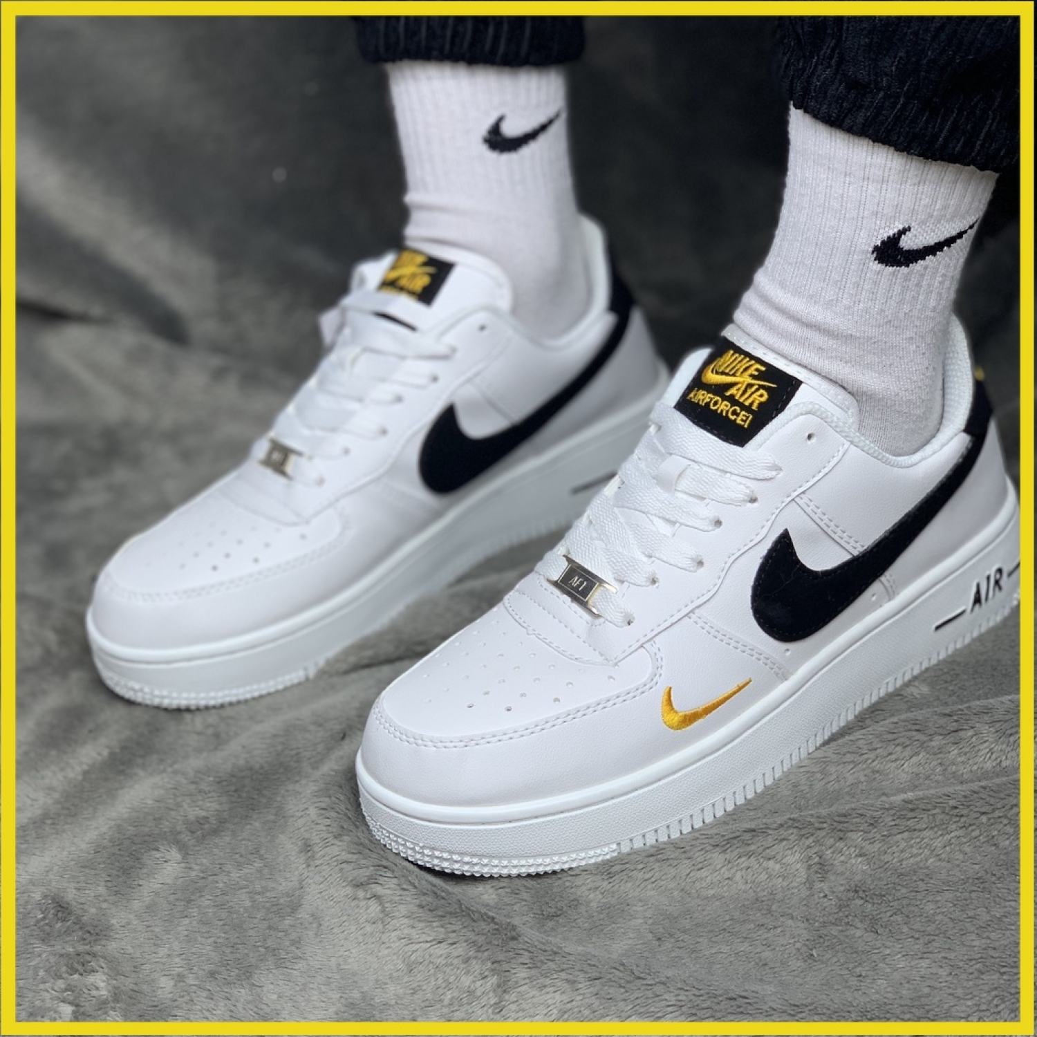 Giày AF1 Trắng Vệt Đen LOGO Vàng, Giày Air Force 1 trắng đen thấp mới full phụ kiện, full size 36-43