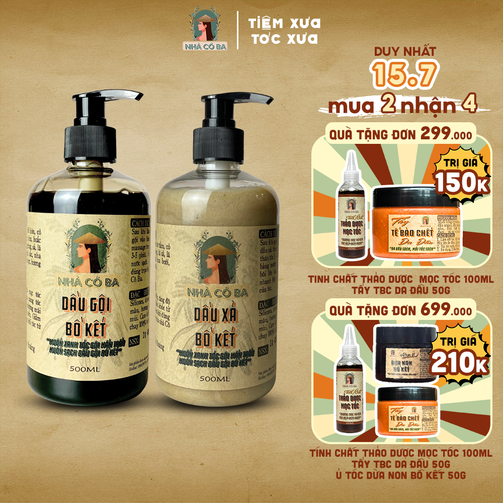 Dầu Gội Dầu Xả Bồ Kết Thiên Nhiên Thảo Mộc Nhà Cô Ba giãm gàu gãy rụng nuôi dưỡng phục hồi tóc kích mọc tóc 500ml