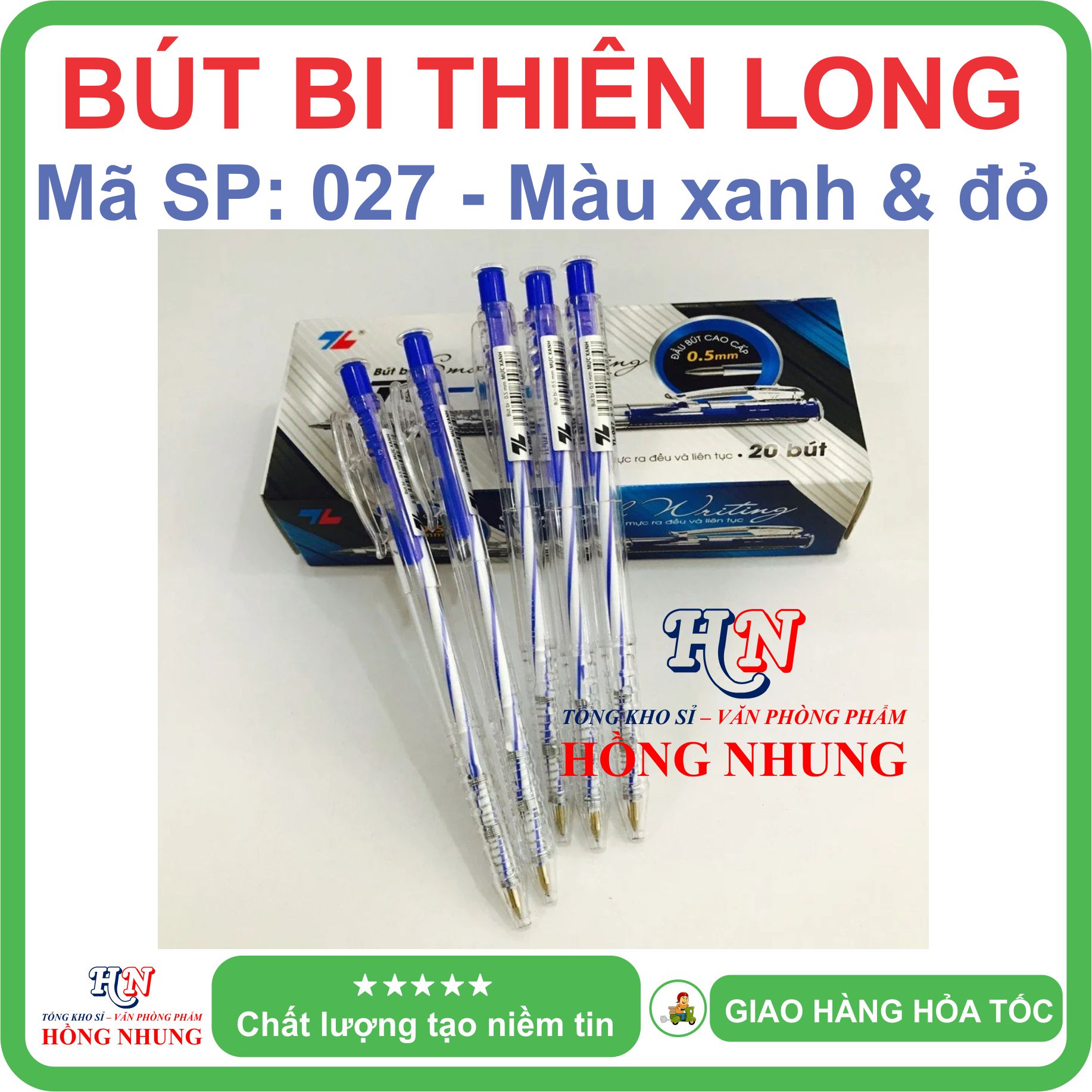 [SÉT] COMBO Hộp 20 Bút Bi Thiên Long TL-027 Đầu Nhỏ 0.5mm - Mực đều, êm, mịn, không rít giấy