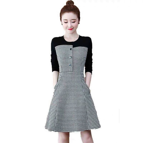 [HCM]ĐẦM CARO PHỐI ĐEN TAY DÀI