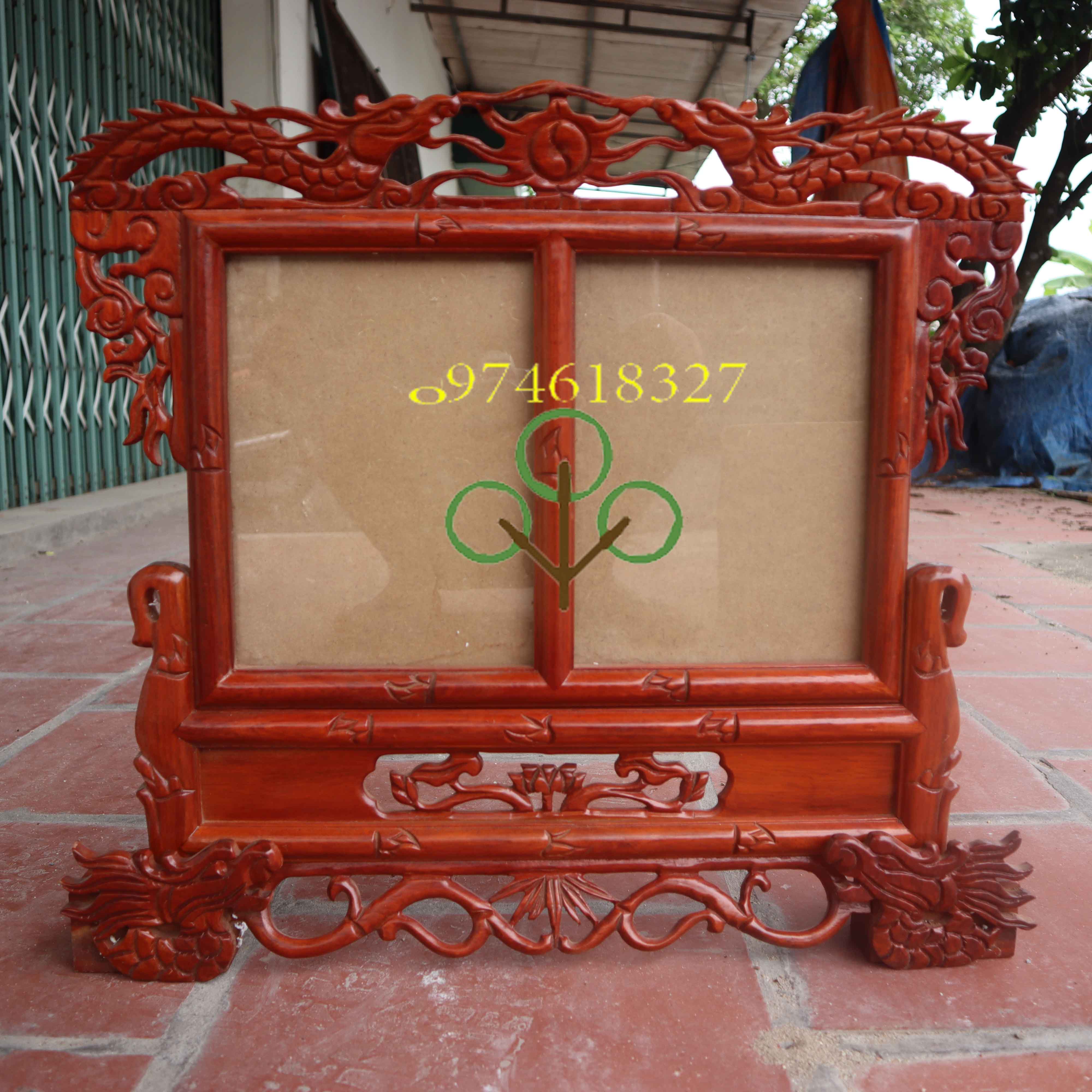 Khung ảnh rồng đôi khung hình thờ song long gia tiên gỗ hương 2 cỡ ảnh 18x24 và 20x30