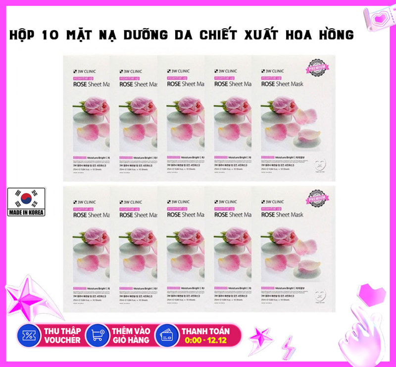 Hộp 10 Miếng Mặt nạ Hoa Hồng Dưỡng Da Cao Cấp Hàn Quốc 3W Clinic Essential Up Rose 25ml x10