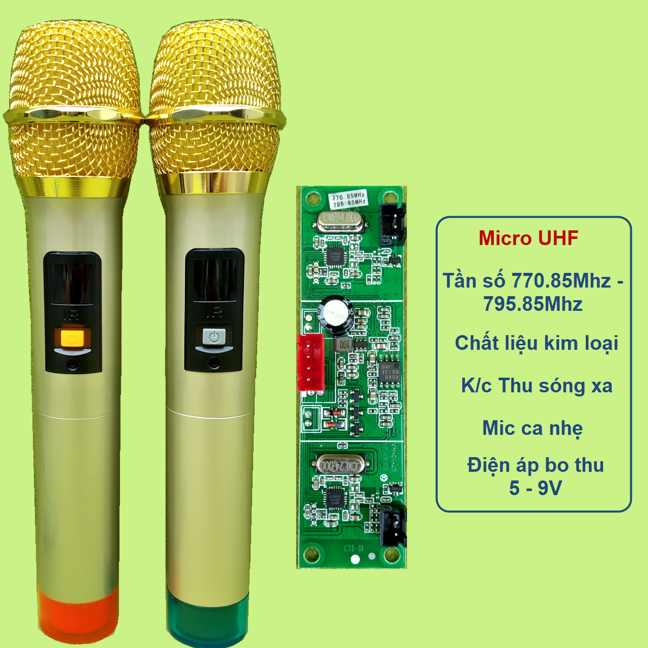 Micro không dây cho loa kéo UHF tần số 770.85Mhz - 795.85Mhzcho loa kéo dạng phím bấm - thân nhôm, micro cho loa kéo