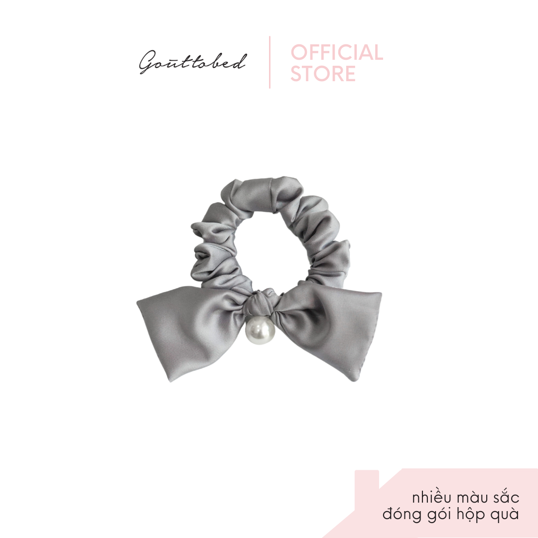 Scrunchies cột tóc nơ đính ngọc trai/đính đá Goûttobed Lụa Satin Silk (nhiều màu)