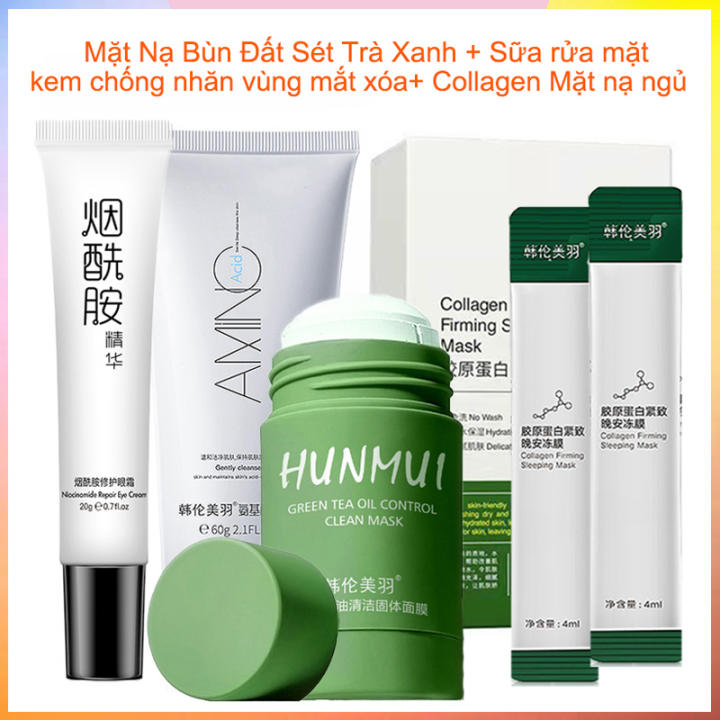 Mặt nạ ngủ collagen + Mặt Nạ Bùn Đất Sét Trà Xanh + Sữa rửa mặt + kem chống nhăn vùng mắt xóa Bộ sản phẩm chăm sóc da 4 món