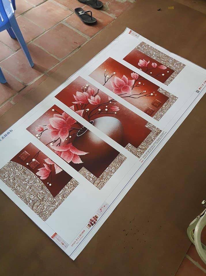 Tranh đính đá 5D bình hoa sen 5 bức - KT 144x75cm (chưa đính đá)