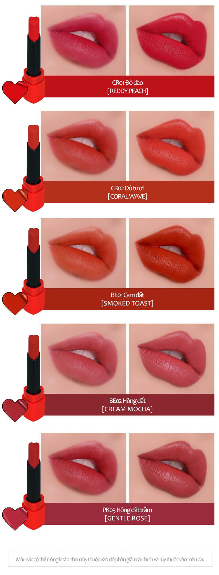 Son lì mềm mịn lâu trôi Holika Holika Heartcrush Lipstick Comfort Velvet  tạo nên một lớp son mềm mượt như nhung trên đôi môi của bạn.