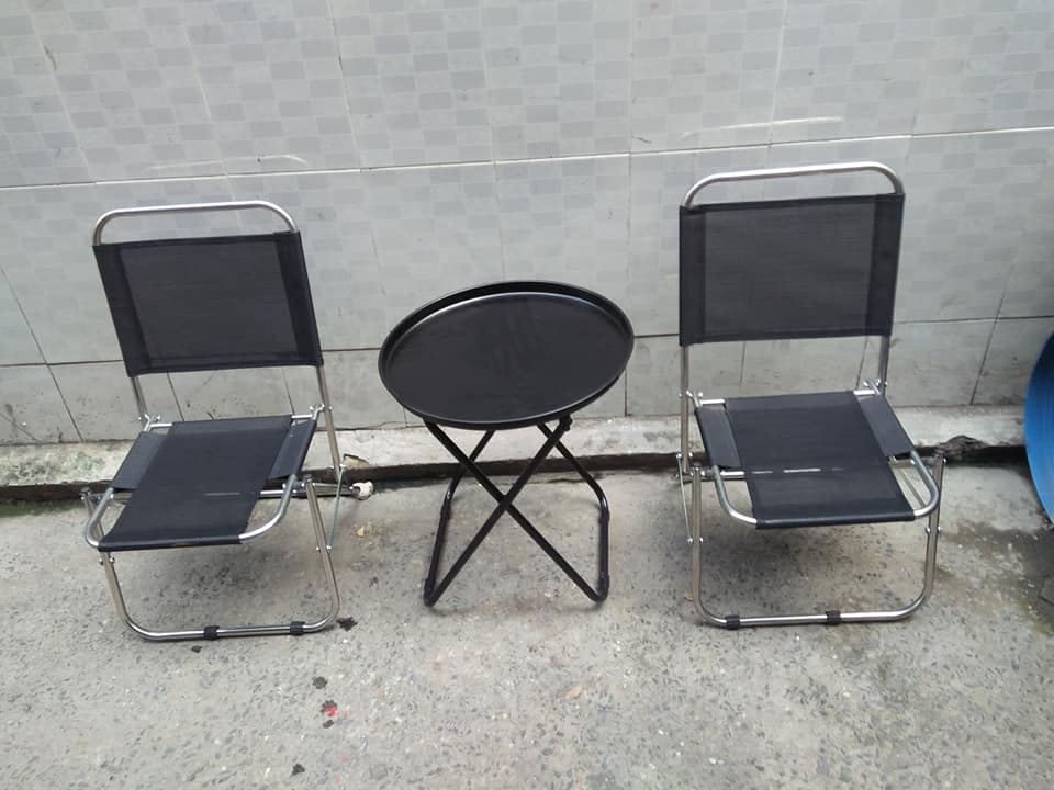 (HCM)Bộ 1 bàn 2 ghế  xếp inox lưng thấp