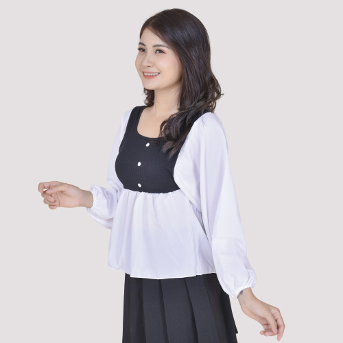 [HCM]Áo kiểu nữ phối màu đính nút tay dài phồng cổ vuông thời trang công sở đi chơi ở nhà Av0138