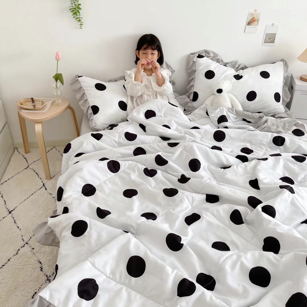 Bộ Chăn Ga Gối Cotton Đũi ( Chần Mền Hè) Chấm Bi