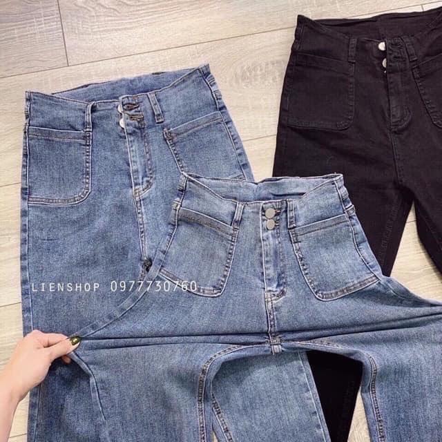 [Giá Hủy Diệt] Quần Bò Jean Cạp Cao Đính 2 Khuy Đen, Xanh