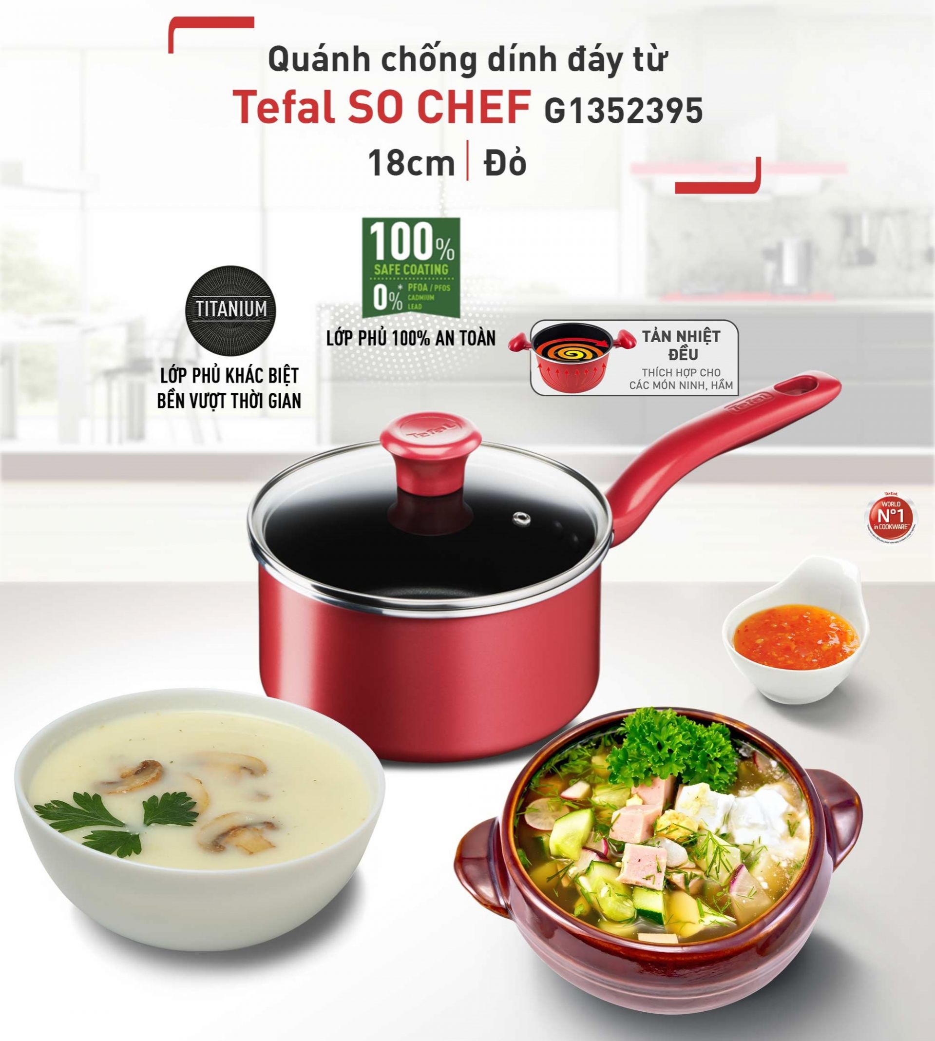 Nồi cán dài tefal g1352395 | quánh tefal đáy từ so chef 18cm | quánh chống dính đáy từ phủ titanium