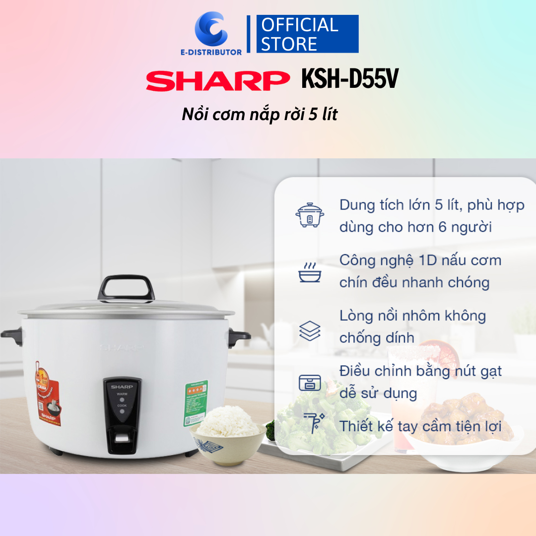 Nồi Cơm Điện Nắp Rời Sharp KSH-D55V (5 Lít)/KSH-D77V (7 Lít) - Trắng - Hàng chính hãng