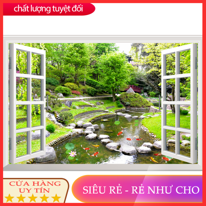 Tranh dán tường 3d phòng khách cửa sổ