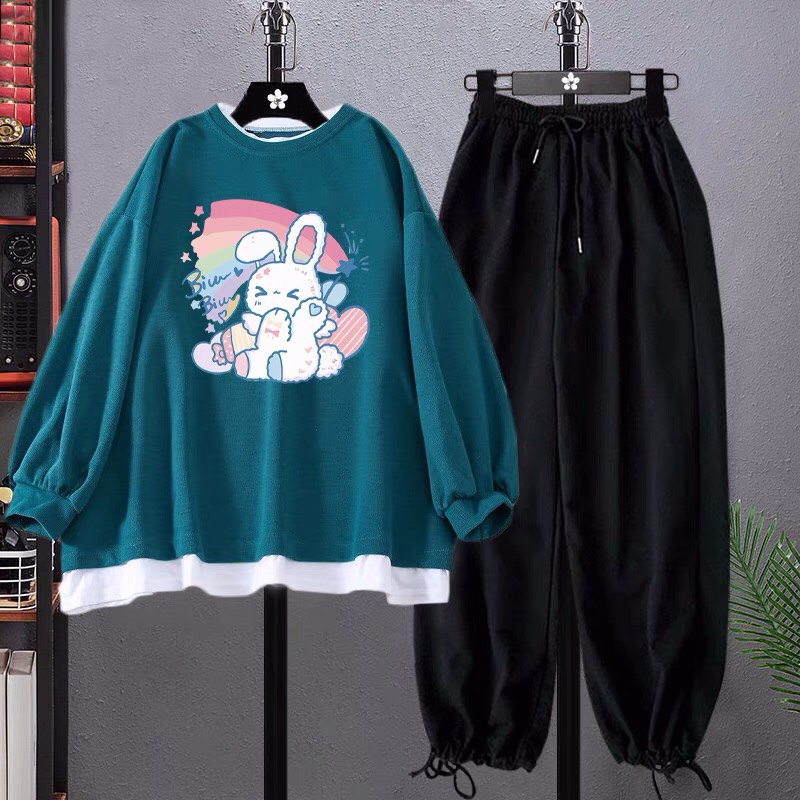 Sét áo sweater thỏ cầu vồng nỉ coton in 5d siêu nét phối gấu trắng kèm quần bom