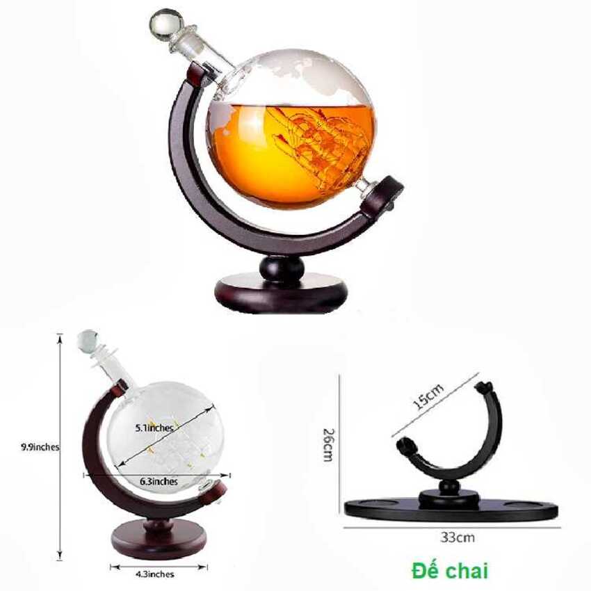Chai Đựng Rượu Thủy Tinh 1500ML mẫu địa cầu GLOBE kèm đế gỗ - nắp thủy tinh đặc - Vỏ Chai Rượu Đẹp – Chai Thủy Tinh Đựng Rượu (E18)