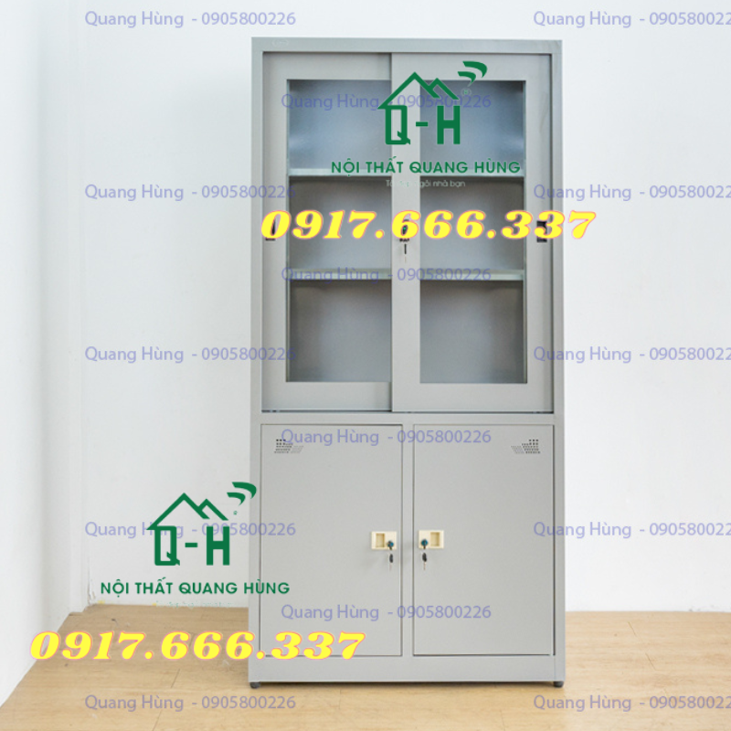 Tủ sắt hồ sơ 2 cánh cửa kính lùa sơn tĩnh điện cao cấp dành cho văn phòng - giao hcm trong ngày