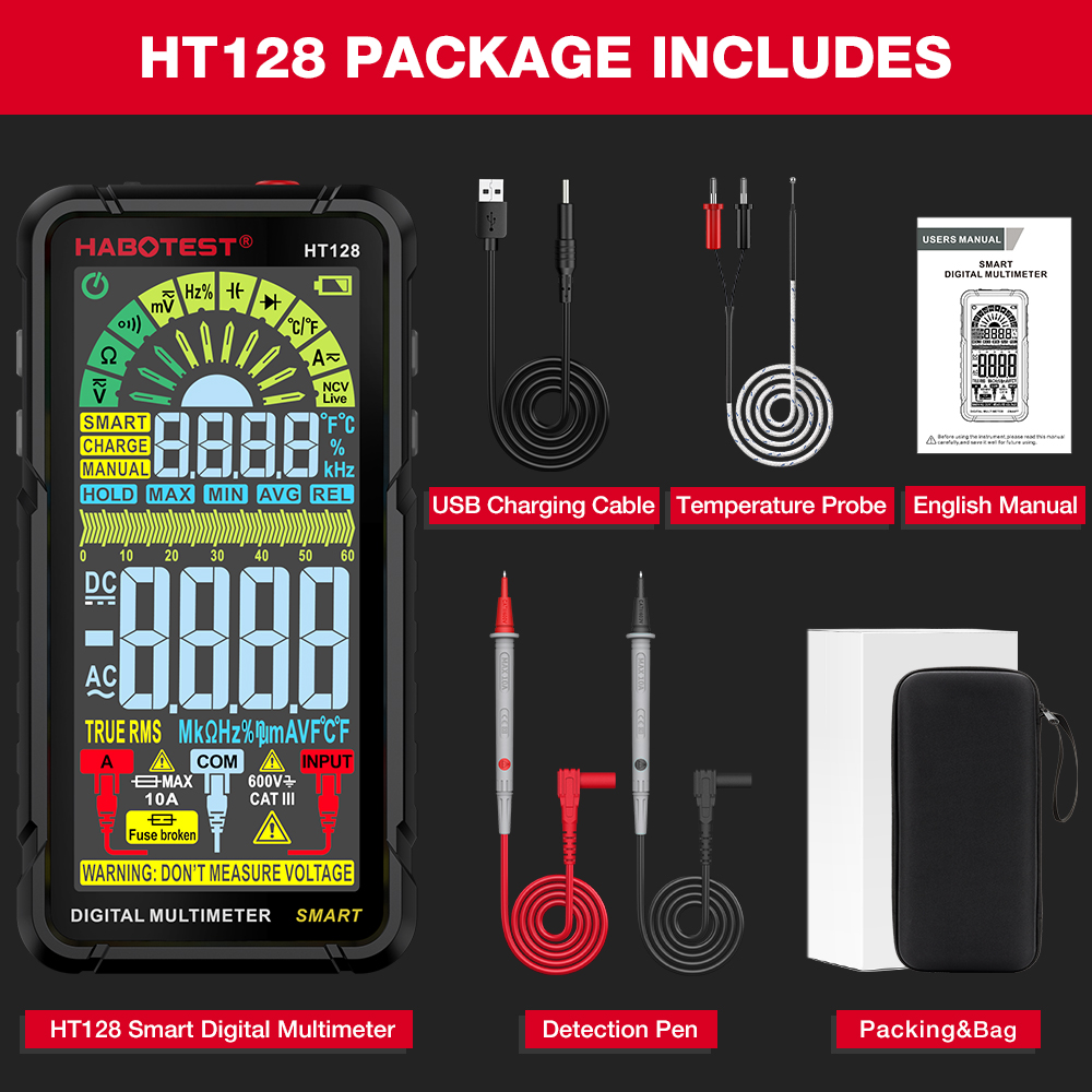 HABOTEST HT128 Digital Multimeter 6000 Counts Smart Measurement Auto-Ranging Voltmeter Voltage Tester with Non-Contact Voltage Function Measures AC/DC Voltage AC/DC Current Resistance Capactiance