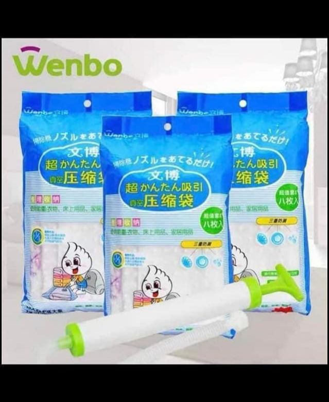 Set 8 túi hút chân không Nhật Bản kèm bơm điện 2 chiều Wenbo , bộ 8 túi hút chân không cất chăn màn quần áo, túi Đựng Quần Áo, Chăn Màn Hút Chân Không, bảo quản, chống ẩm mốc