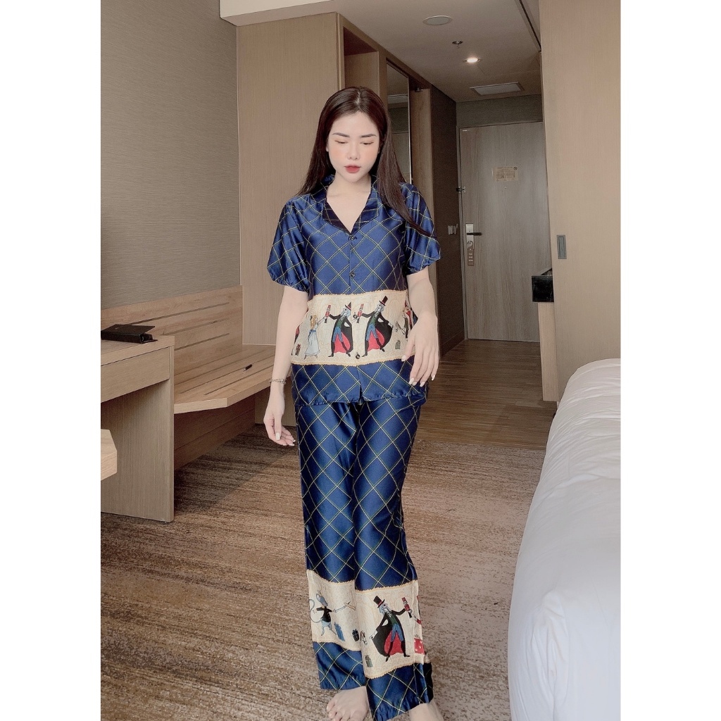[ HOT SALE ] Bộ đồ Pijama lụa💖Bộ lụa tay cộc - quần dài họa tiết con hạc chất lụa Satin [ẢNH CHỤP THẬT]
